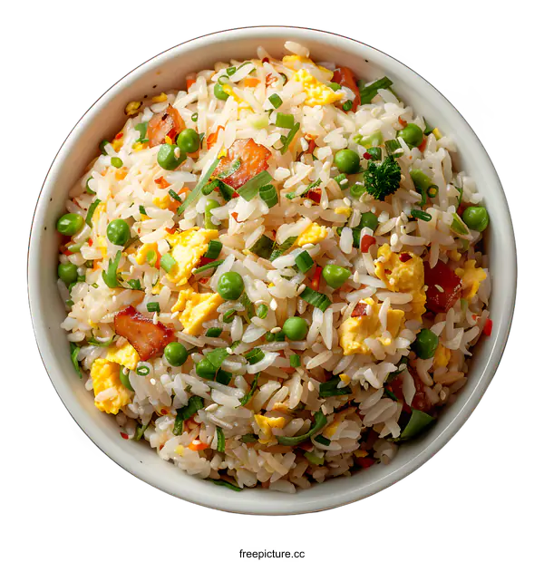 [Transparent Background PNG]Fried rice with bacon, peas, carrots and eggs
