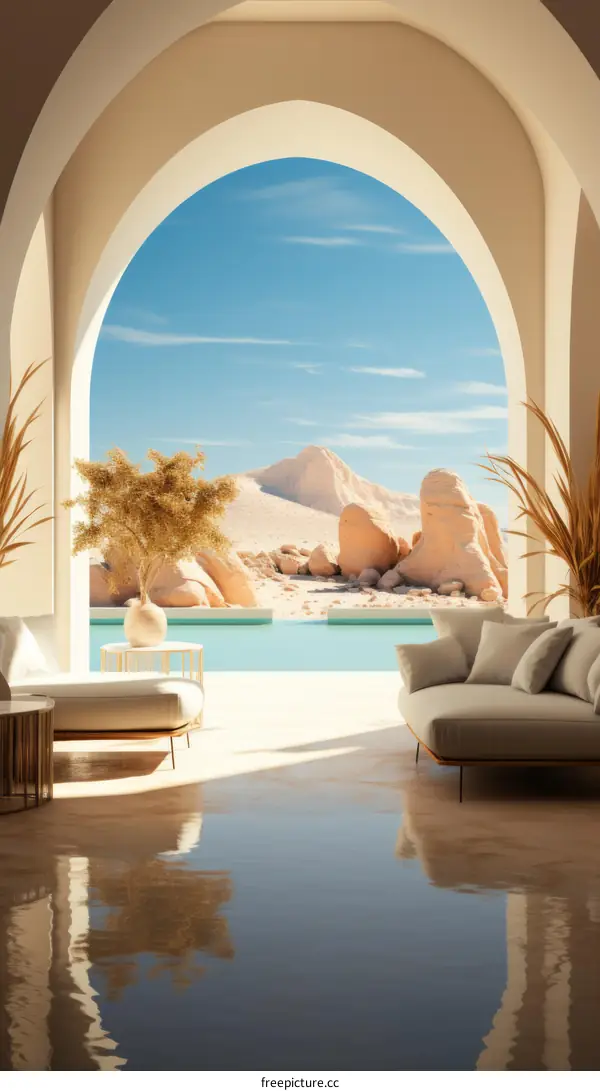 Modern house with swimming pool and desert landscape