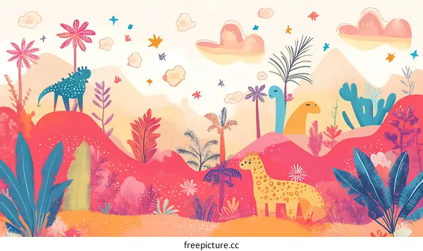 Colorful Cartoon Illustration of Dinosaurs in Jungle