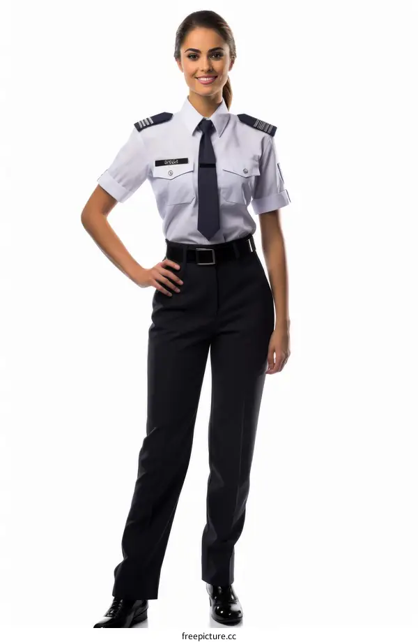 A female pilot in uniform with a tie and a name tag posing with hands on hips