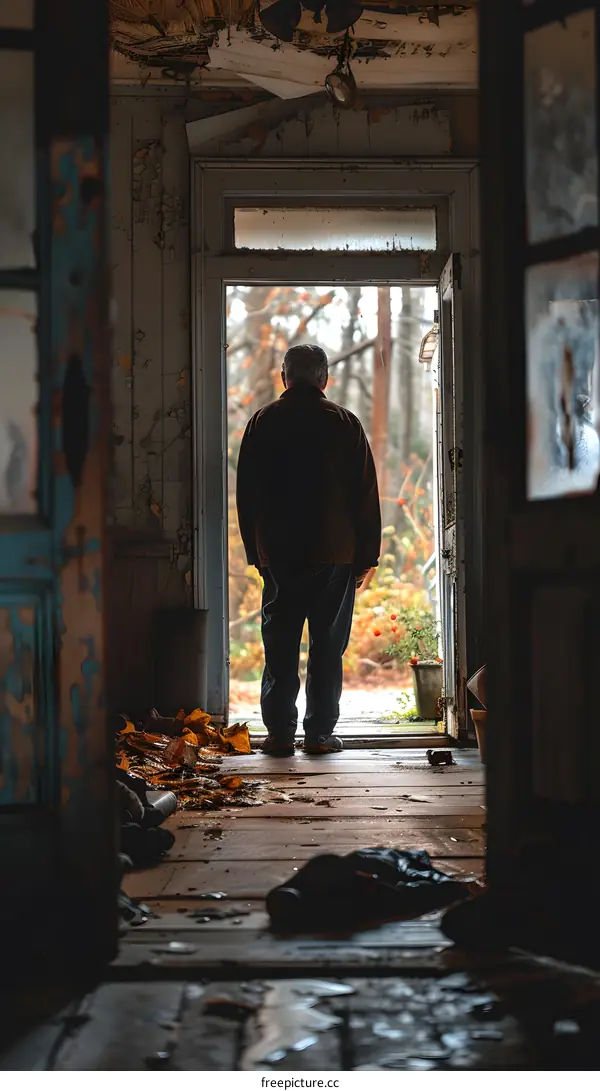 An old man standing in a doorway looking out at the autumn leaves