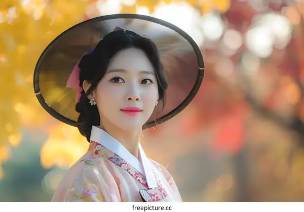 Portrait of a young woman in traditional Korean dress, or Hanbok