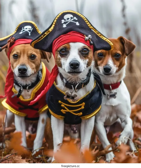 Three dogs wearing pirate costumes