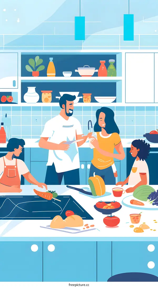 Family Cooking Together In Kitchen Illustration