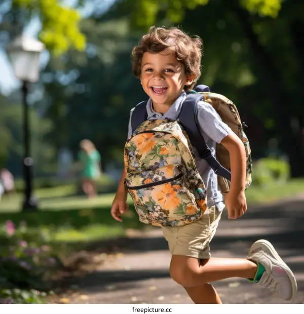 Little boy with curly hair running in the park