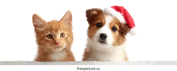 Cute Kitten and Puppy with Christmas Hats