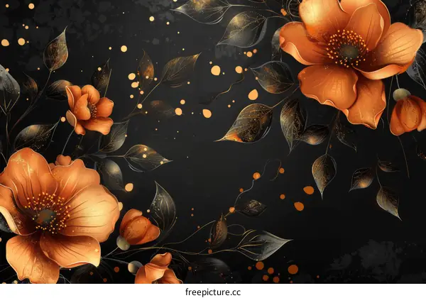 golden flowers and leaves on black background
