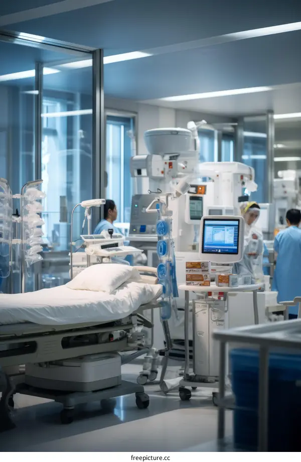 Hospital Room with Medical Equipment and Staff