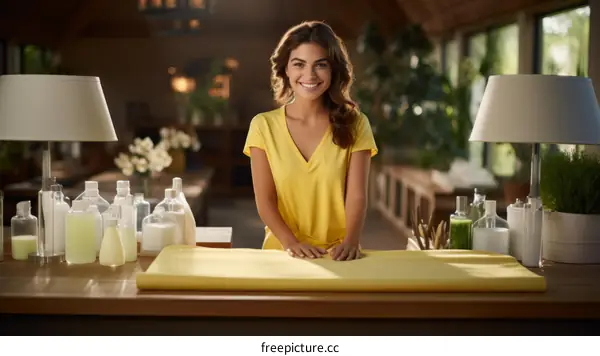 Portrait of a smiling young woman standing in a room with a long table covered with yellow paper