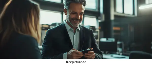 Smiling Businessman Looking at Smartphone in Office