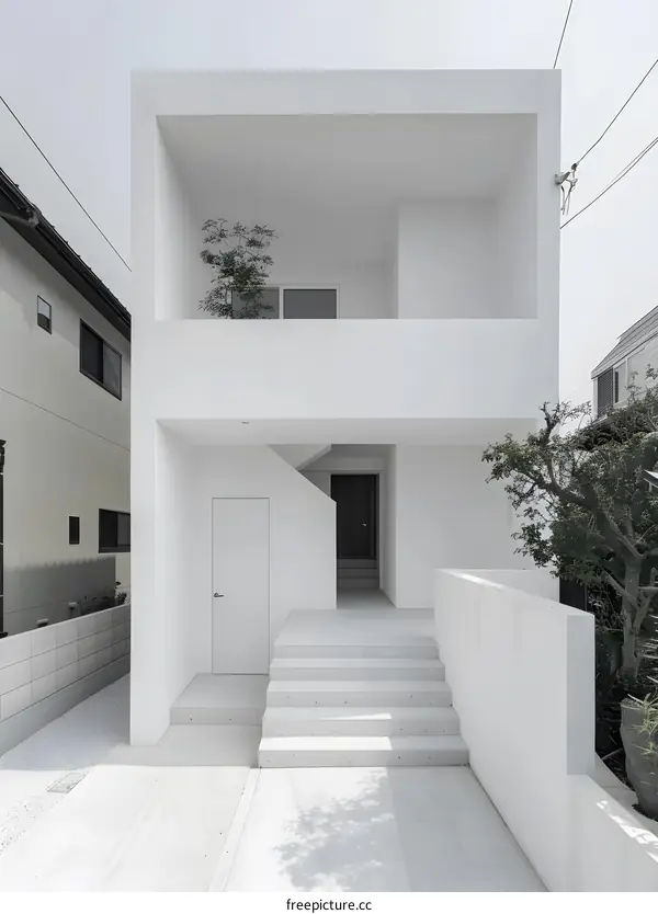 Modern Minimalist White House with Concrete Stairs