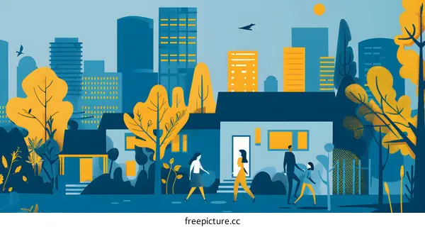 Modern Cityscape with People Walking in Front of a House and Trees