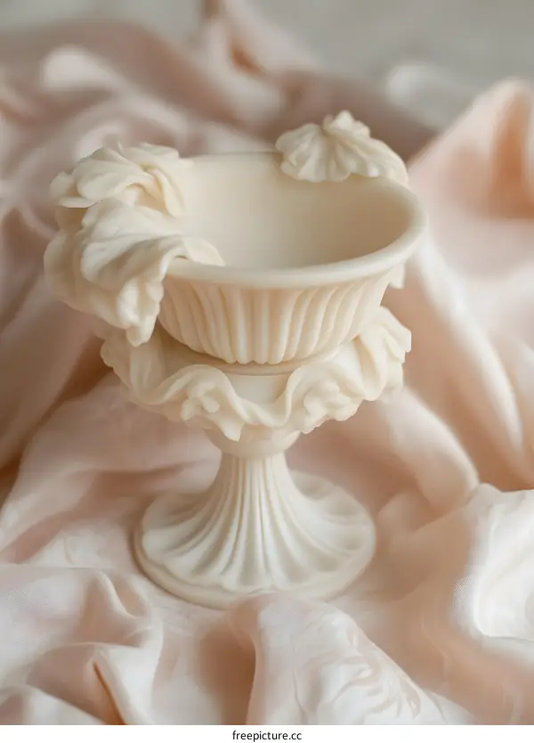 White Ornate Urn on Peach Fabric Background