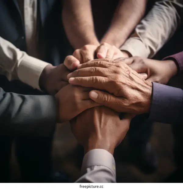 A group of multiracial business people joining their hands together over a dark background