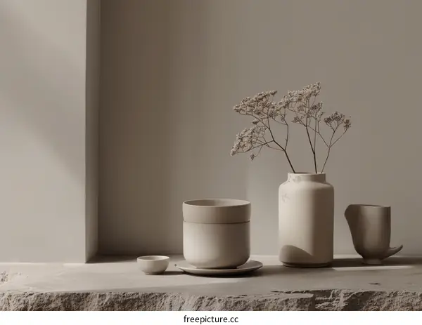 A Serene Still Life: Ceramic Vessels on a Stone Surface