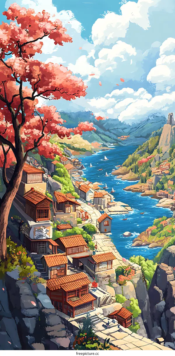 Scenic Coastal Village with Cherry Blossoms