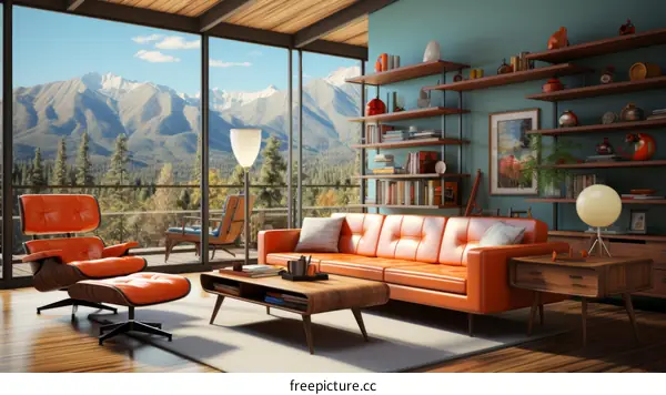 A mid-century modern living room with a large windows