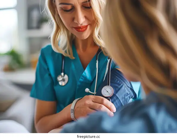 A healthcare worker taking a patient's blood pressure