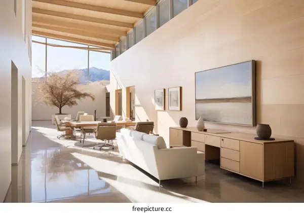 Modern office interior with large windows and a minimalist design