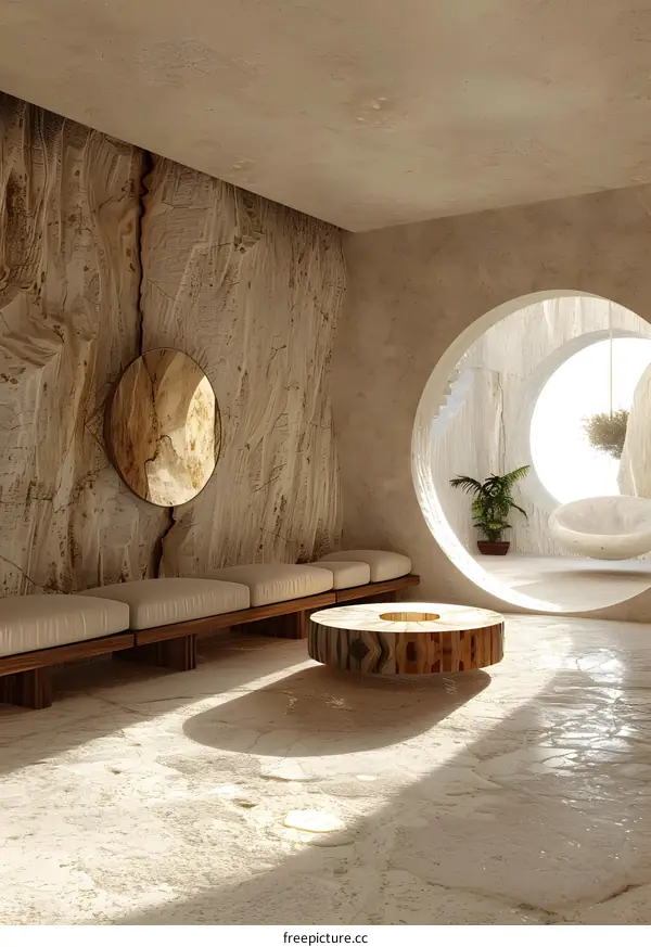 Modern Minimalist Interior Design with Circular Window and Wooden Furniture