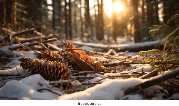 Pine cones in the snow with sunlight filtering through the trees