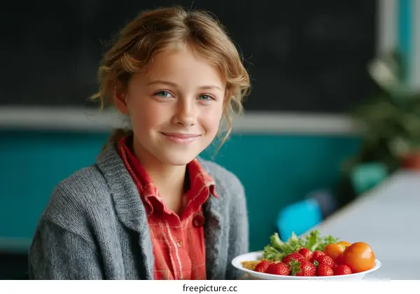 Smiling Girl with Fruits in Classroom