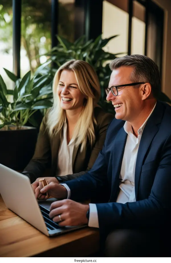 Business partners laughing while working on a laptop