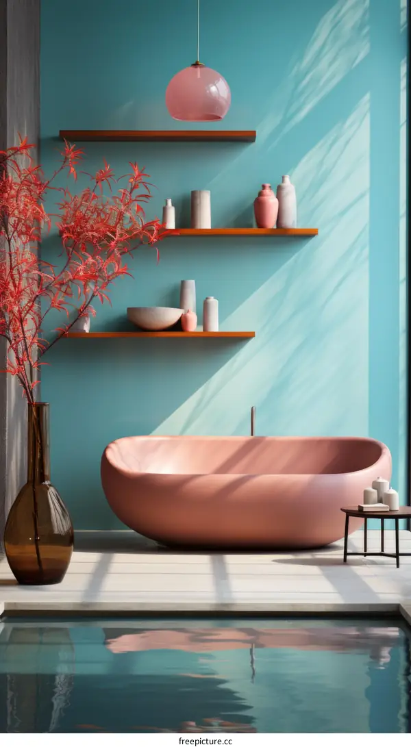 Pink bathtub in a blue bathroom with a large plant