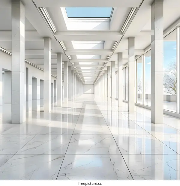 Modern Architecture Interior Design Hallway With White Marble Floor And Skylights