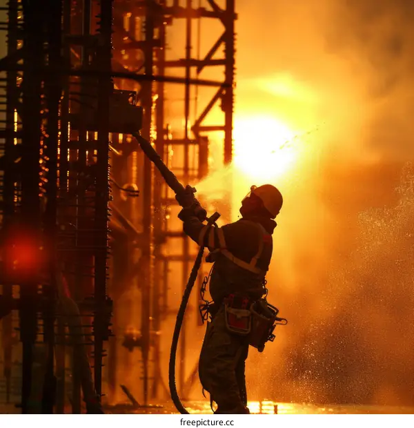 Firefighter spraying water from a hose to put out a fire