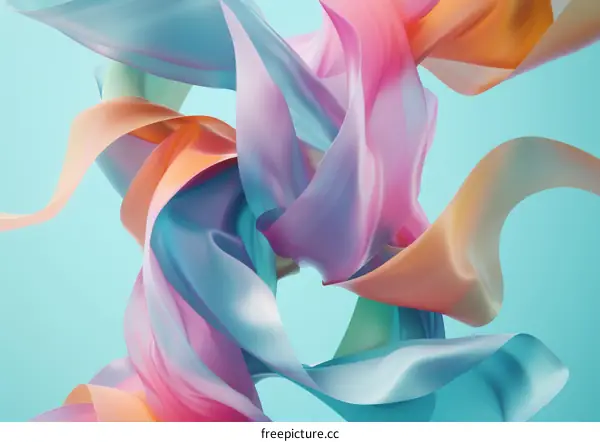 Colorful 3D illustration of flowing iridescent fabric