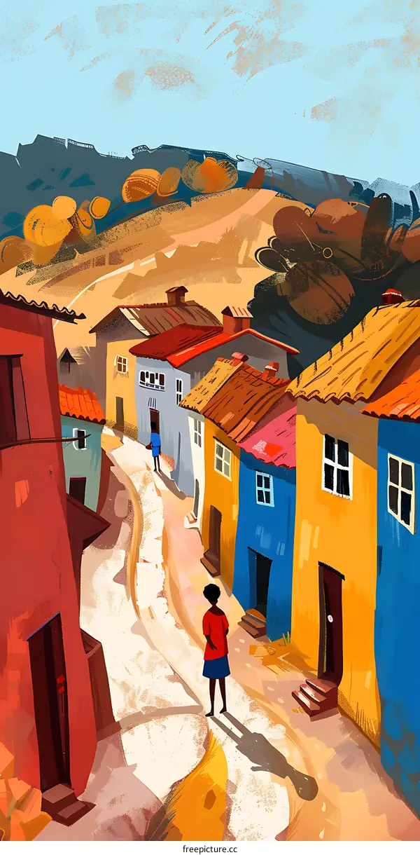 Colorful Houses and People Walking on a Hillside Street