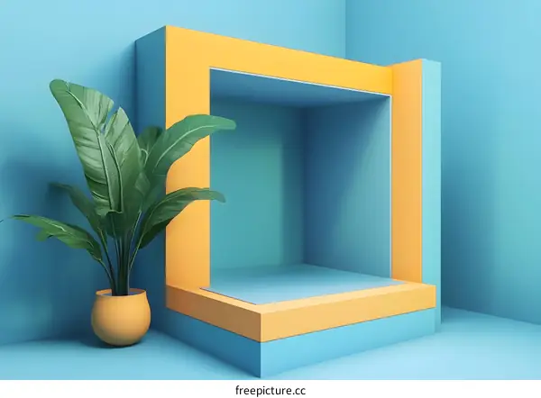Abstract Minimalist 3D Render of a Room with a Blue and Orange Color Palette