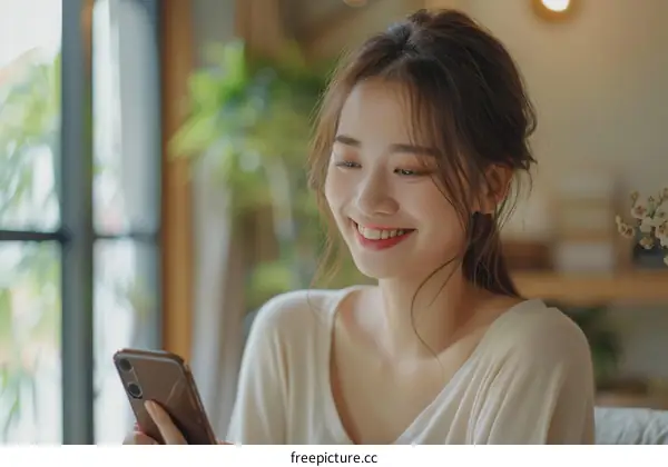 Asian woman smiling while looking at her phone