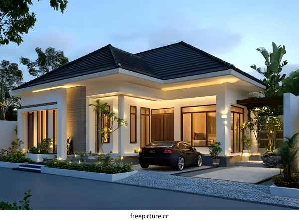 Modern White House with Black Car in Front