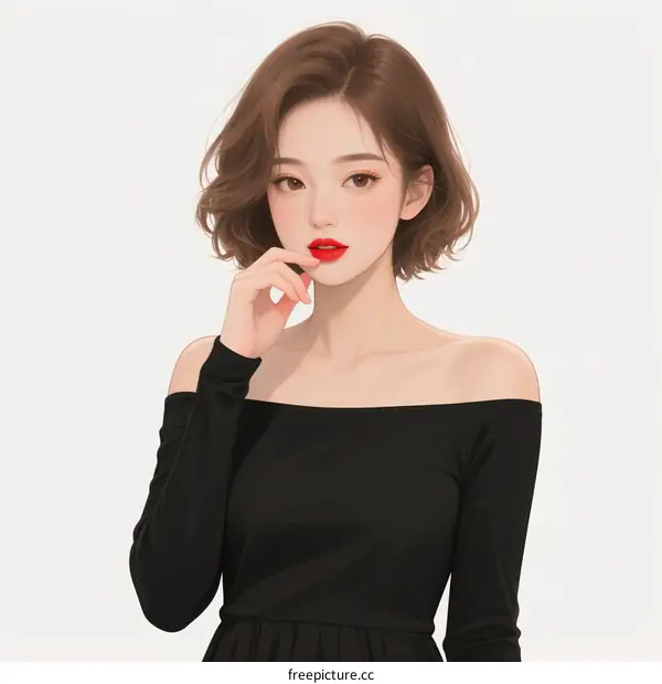 A young woman with short brown hair wearing a black off-shoulder dress