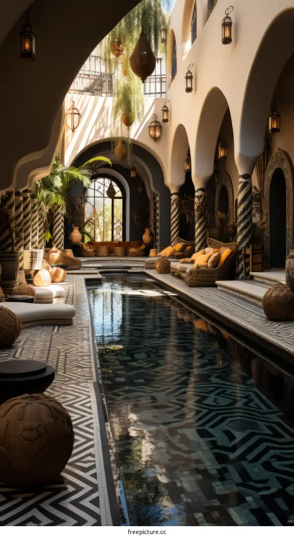 Indoor swimming pool with Moroccan-style architecture