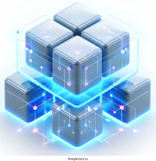 Abstract 3d illustration of a glowing blue and gray server cube