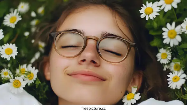 Close Up of Woman with Glasses Lying in a Field of Daisies