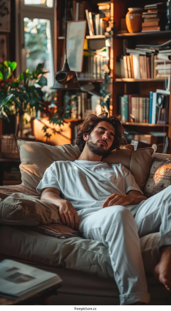 Bearded man sleeping on couch in home library