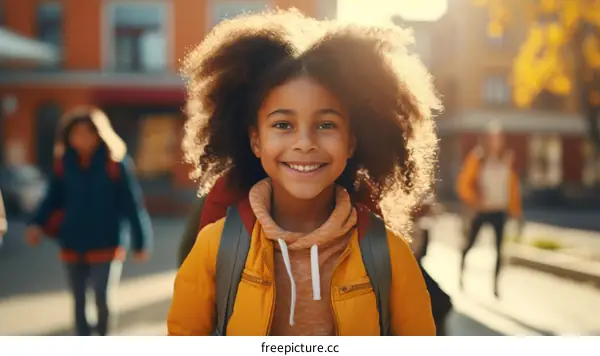 Portrait of a happy African American school girl with curly hair smiling