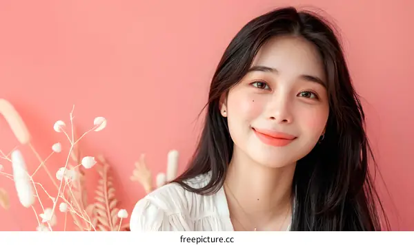 Portrait of a Smiling Asian Woman with Long Black Hair