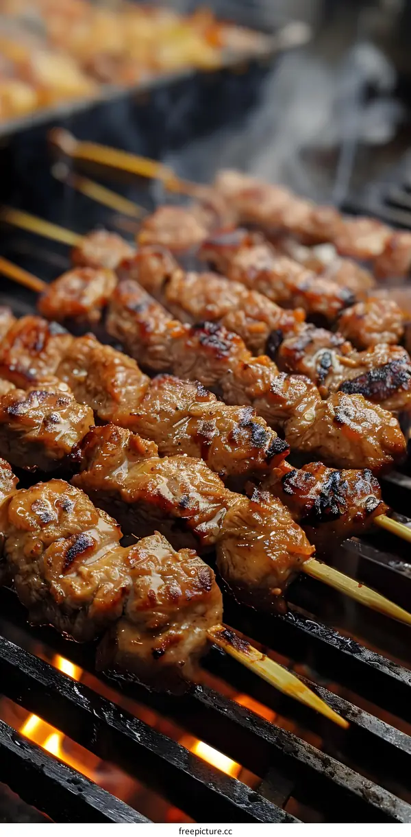 Delicious and juicy beef satay skewers grilled on a flaming hot barbecue