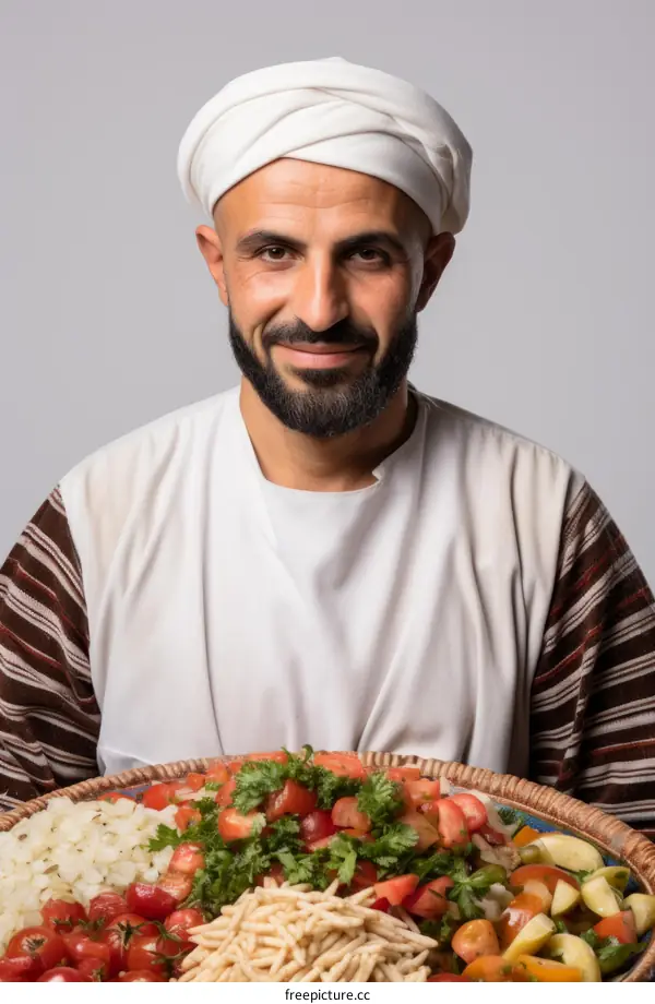 Portrait of a smiling man wearing a traditional headdress and clothing, holding a large plate of food.