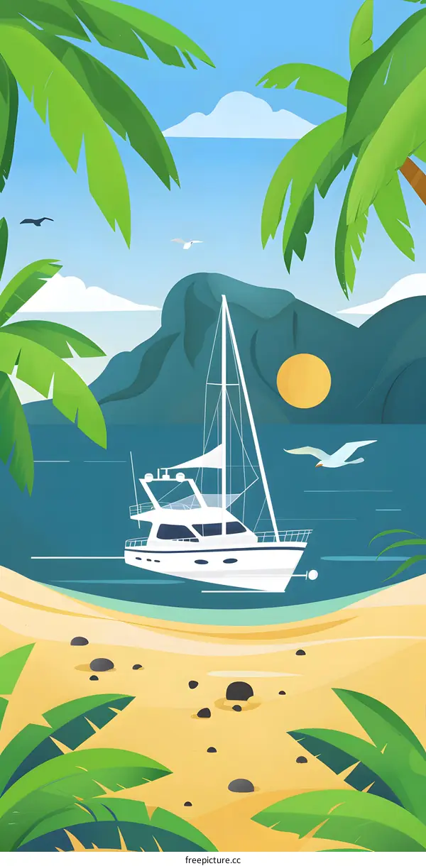 Tropical Beach with a Yacht and Palm Trees