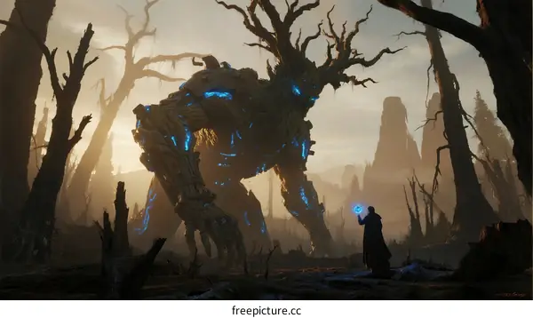 Mysterious Tree Golem Confronts Wizard in Dead Forest