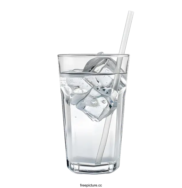 [Transparent Background PNG]Glass of Water with Ice Cubes and Straw
