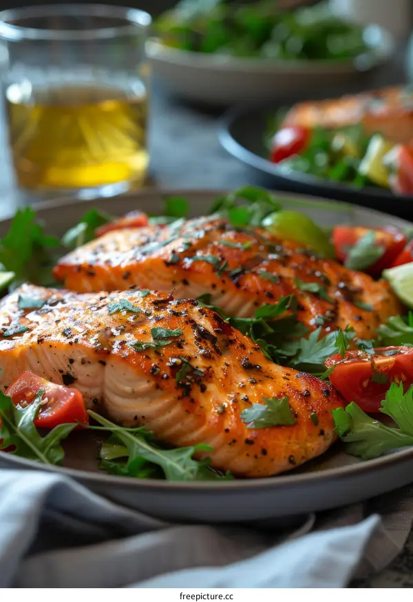 Grilled salmon with vegetables and salad