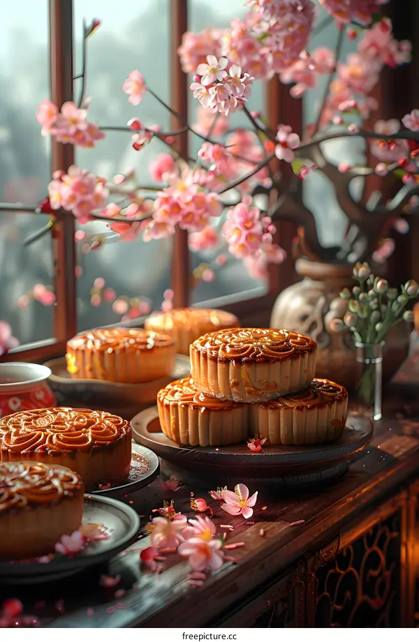 Mid Autumn Festival Moon Cakes with Blooming Flowers