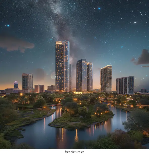 A night view of a city with skyscrapers and a river in the foreground